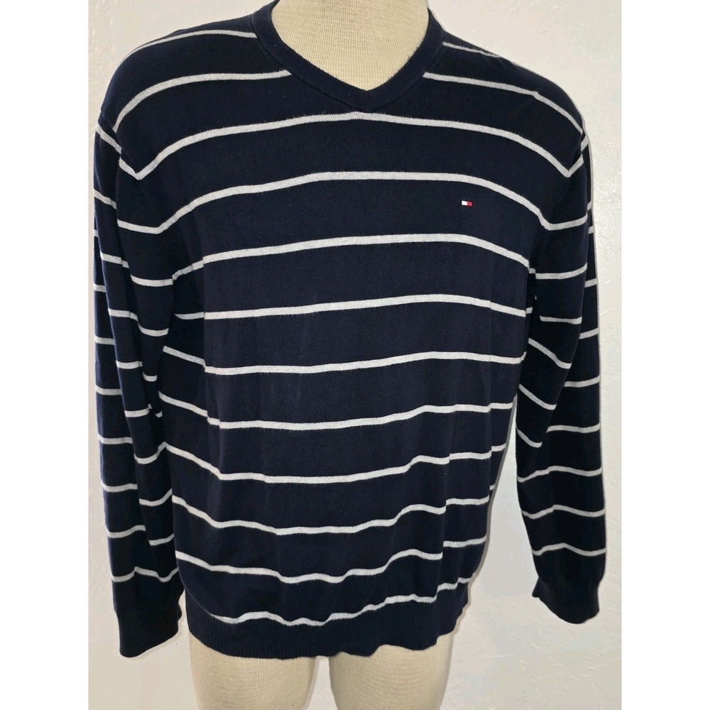 TOMMY HILFIGER Mens Crew Neck Jumper Sweater 2XL Blue Striped Cotton